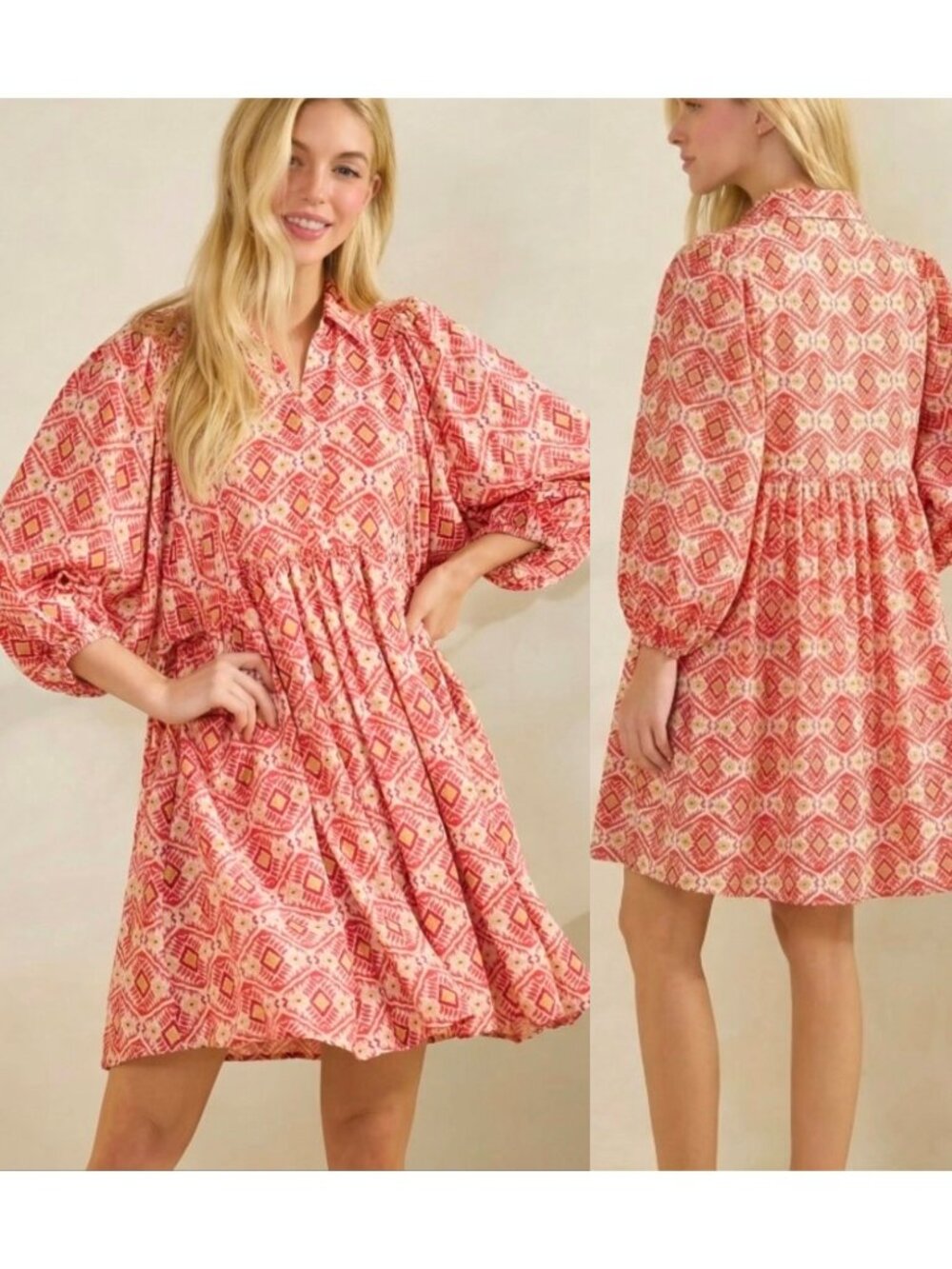 D14. Women's Geo Floral Print‎ Puff Sleeve Dress - Picture 4 of 4